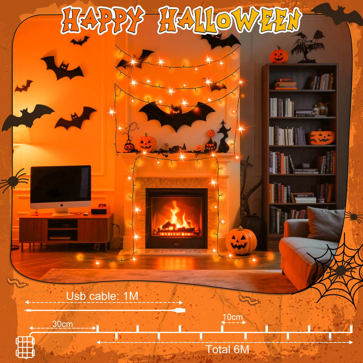 cshare Halloween Decorations Fairy Lights, 20Ft 60LED Orange-Purple USB/Battery String Lights with Timer Waterproof for Outdoor Indoor Autumn Fall Halloween Decorations-Green Wire