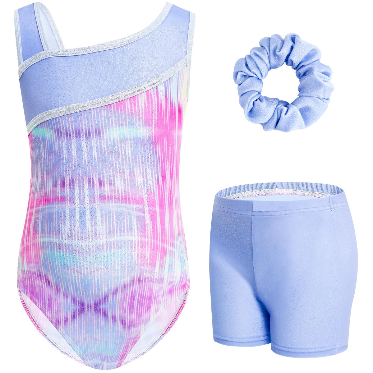 Gogokids Girls' Three-Piece Gymnastics Set, Sleeveless Leotards with Shorts and Hairband, Sparkling Ballet Dancing Unitards - Gymnastics Outfit with Gradient Color Design for 3-12 Years