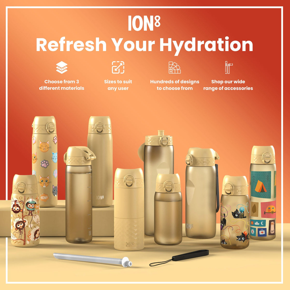 Ion8 Water Bottle, 500 ml/18 oz, Leak Proof, Easy to Open, Secure Lock, Dishwasher Safe, Hygienic Flip Cover, Carry Handle, Fits Cup Holders, Easy Clean, Hot Pink