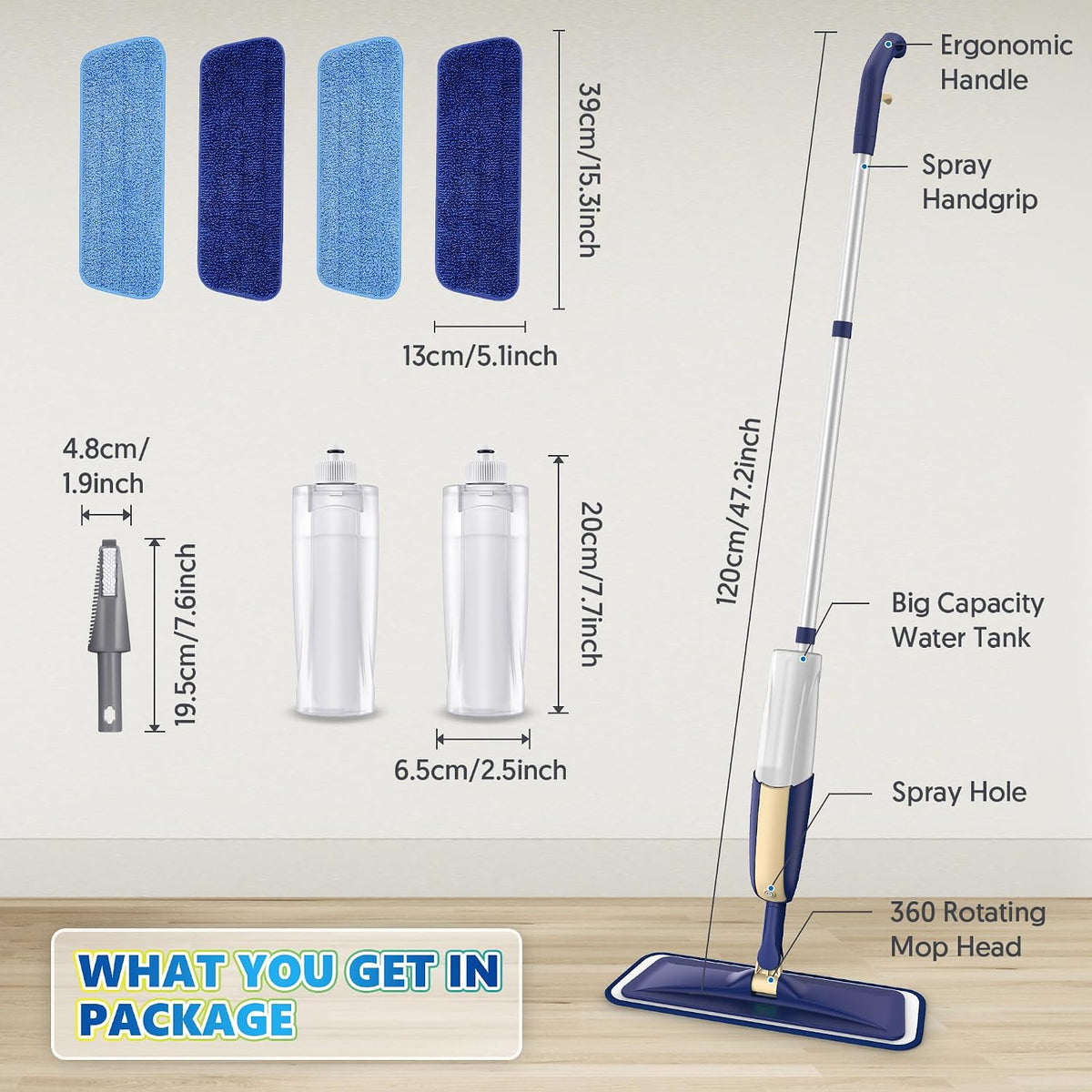Microfibre Floor Mop with 4 Washable Pads: Spray Mops for Cleaning Floors