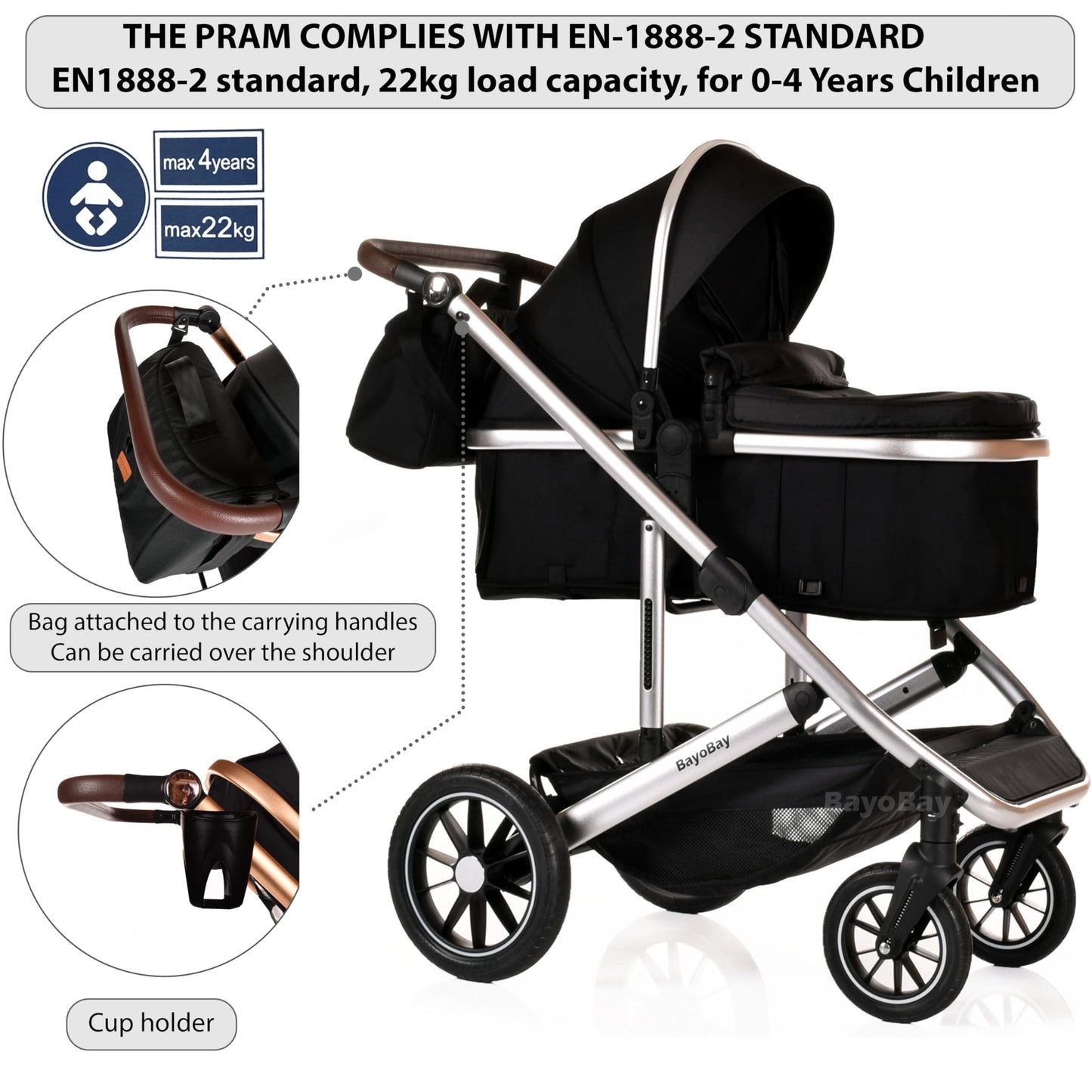 3 in 1 Baby Pram Travel System with Car Seat Lightweight Buggy Foldable Pushchair for Newborn and Toddlers up to 22kg NEW 2025 Style (Black - Gold)