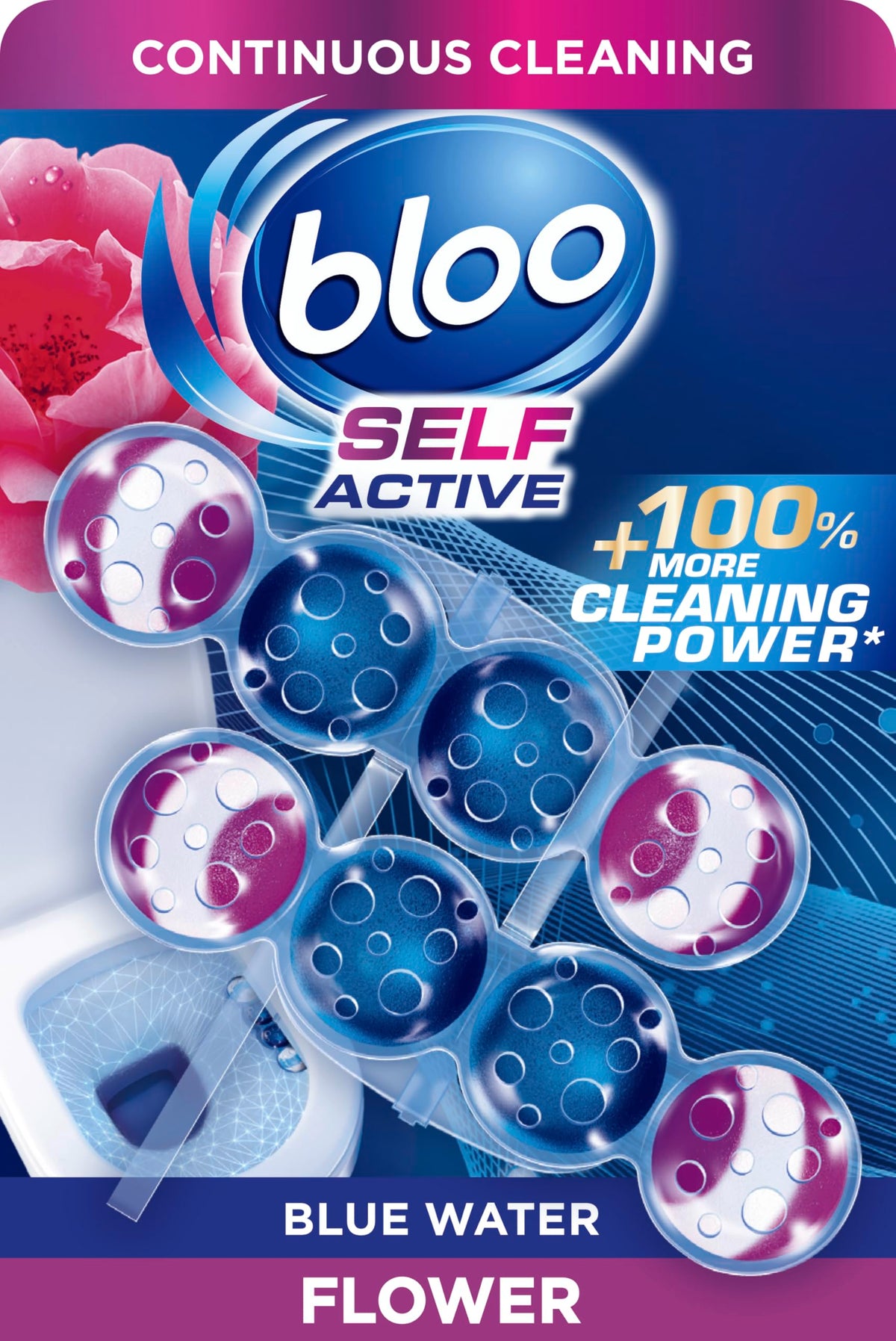 Bloo Self Active Single Toilet Rim Block and Bowl Cleaner with Flower. Hanging Toilet Bowl Cleaner Rim Block with 100% More Cleaning Power.