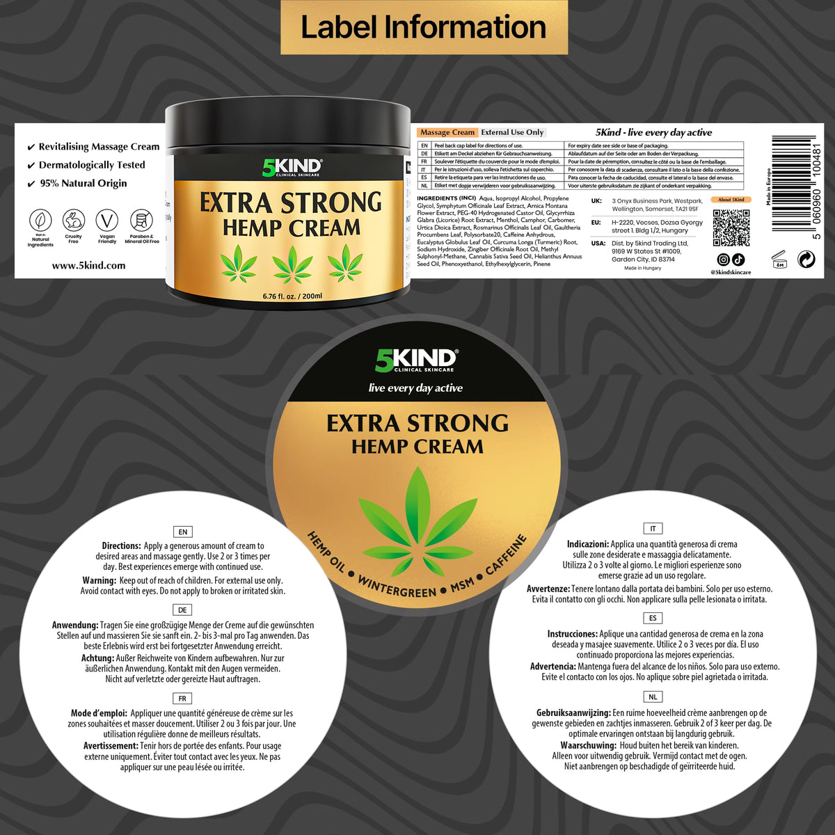 5Kind Extra Strong Hemp Cream 100ml - Hemp and Arnica Cream