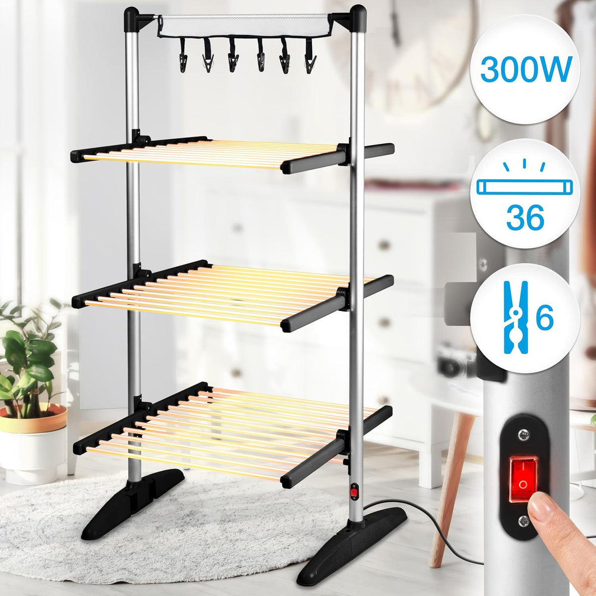 Duronic CA30 BK Electric Heated Clothes Airer, 300W 3 Tier, Foldable, Black