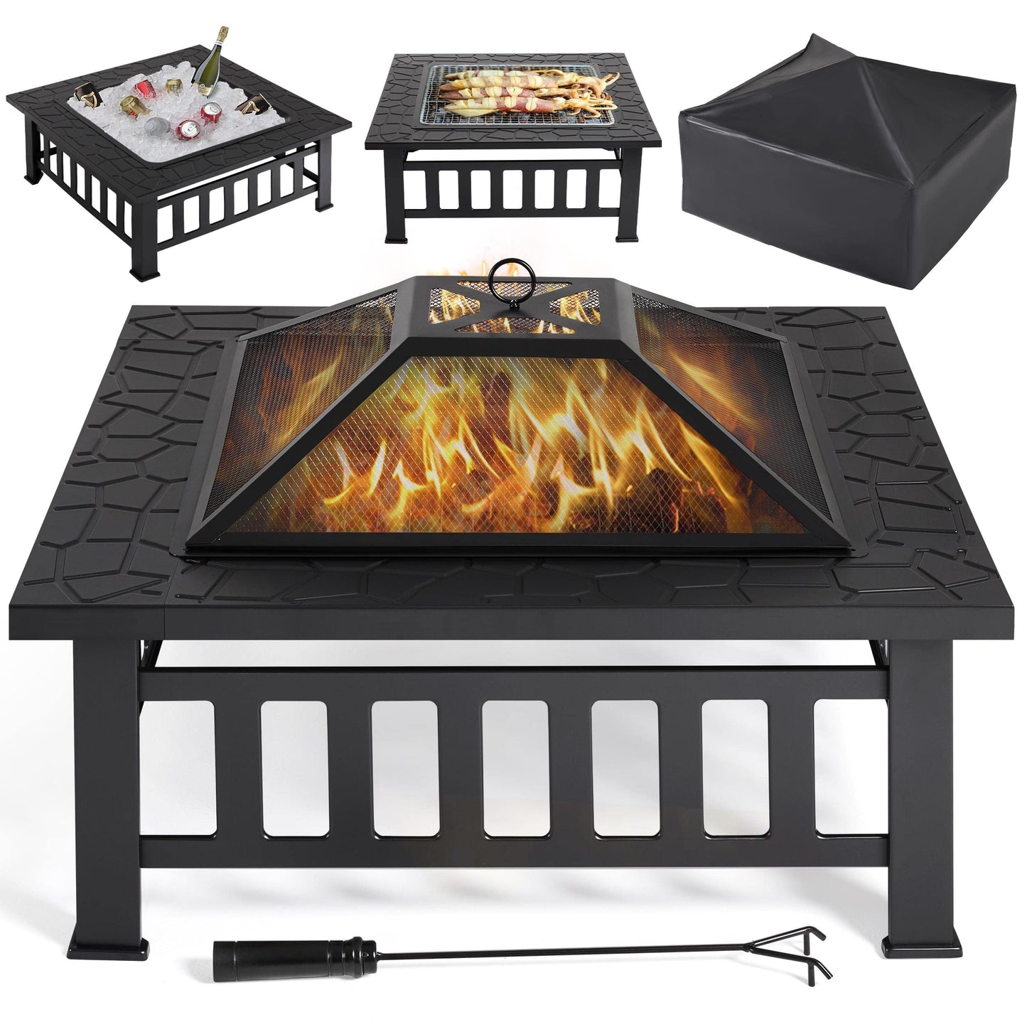 Yaheetech Outdoor Fire Pit 81cm Square Fire pits 3-in-1 Heat-resistant Metal Garden Stove for Barbecue, Heating, Cooling Drinks with Cover & Poker, Black