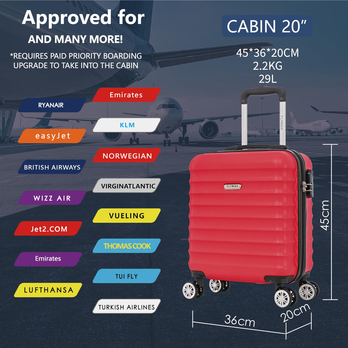 FLYMAX 55x40x20 Ryanair Cabin Bag Hand Luggage Lightweight Suitcase Approved Carry on Luggage Case 2.5KG 40L Royal