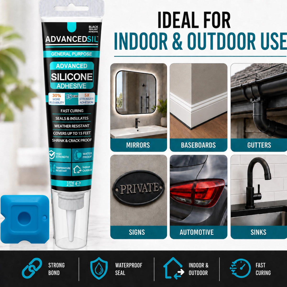 Silicone Sealant – Clear Kitchen & Bathroom Silicone Sealant with Finishing Tool for a Professional Finish | Waterproof & Anti-Mould Protection - 120ml
