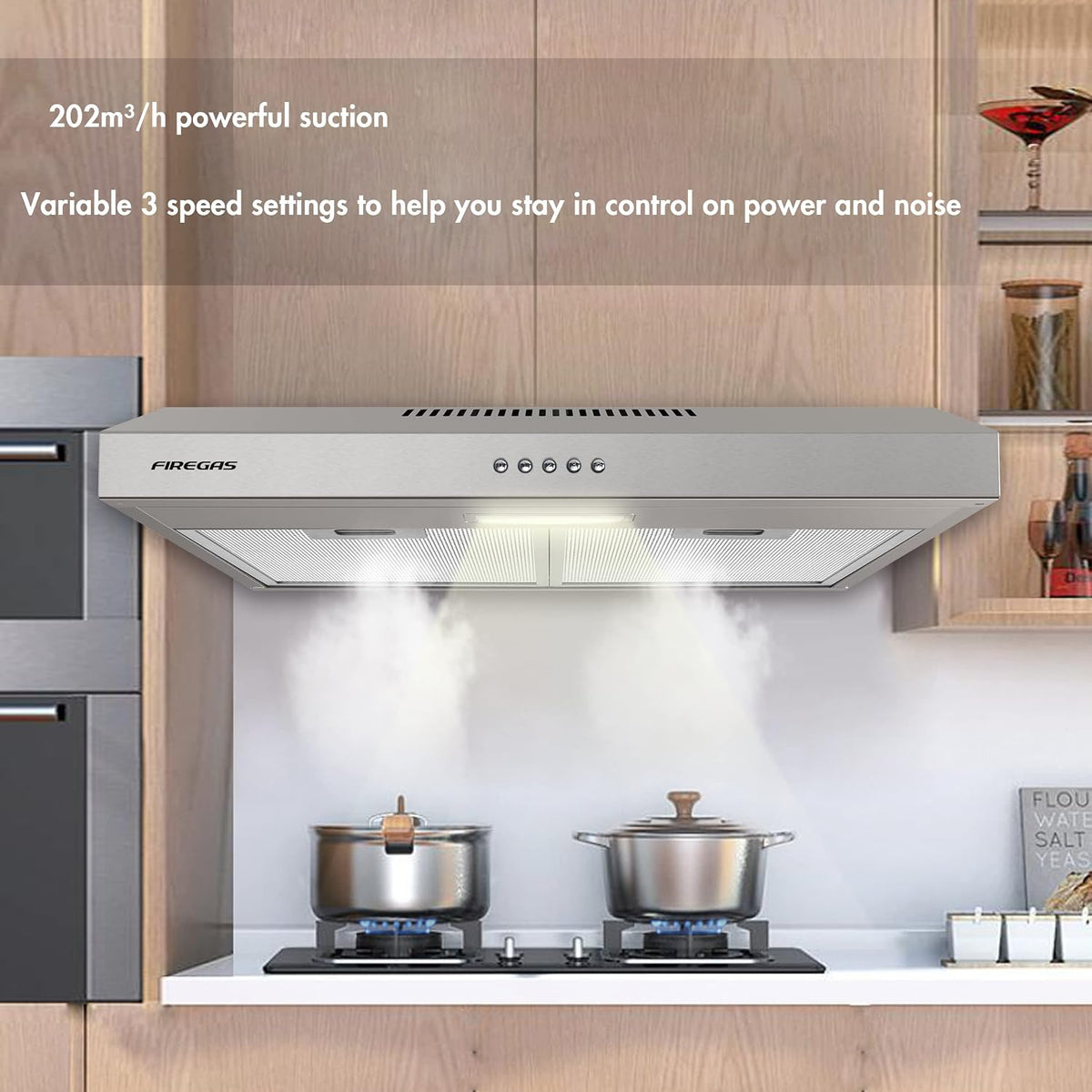 FIREGAS 60cm Visor Cooker Hood, Black Under Cabinet Range Hood, Top Vented