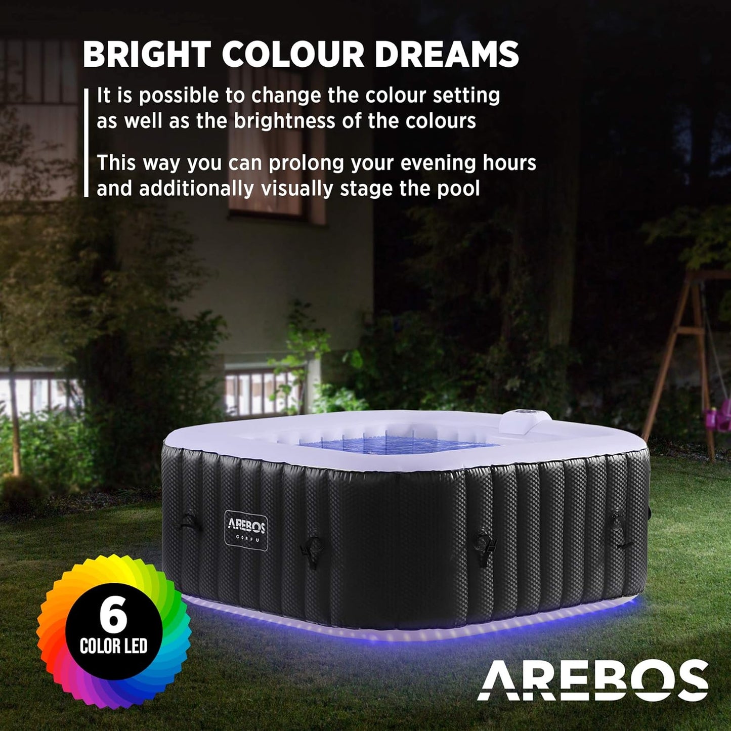 Arebos Inflatable Hot Tub | Indoor & Outdoor Spa Pool | 154 x 154 cm | with LED lighting | square |4 persons | 100 massage jets | with heating | 600 L | Incl. cover | Bubble Spa & Wellness Massage