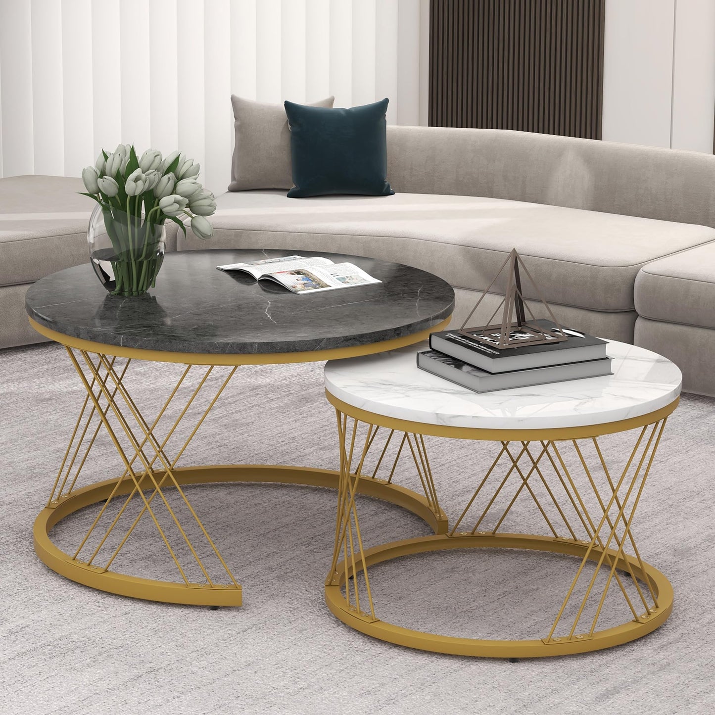 ModernLuxe 2-in-1 Coffee Table, Multi-functional Side Table with Marble Grain Veneer Top, Rattan Drawers, Solid Wood Handles, Gold Coloured Iron Legs, Round Nest of Tables for Living Room, Black