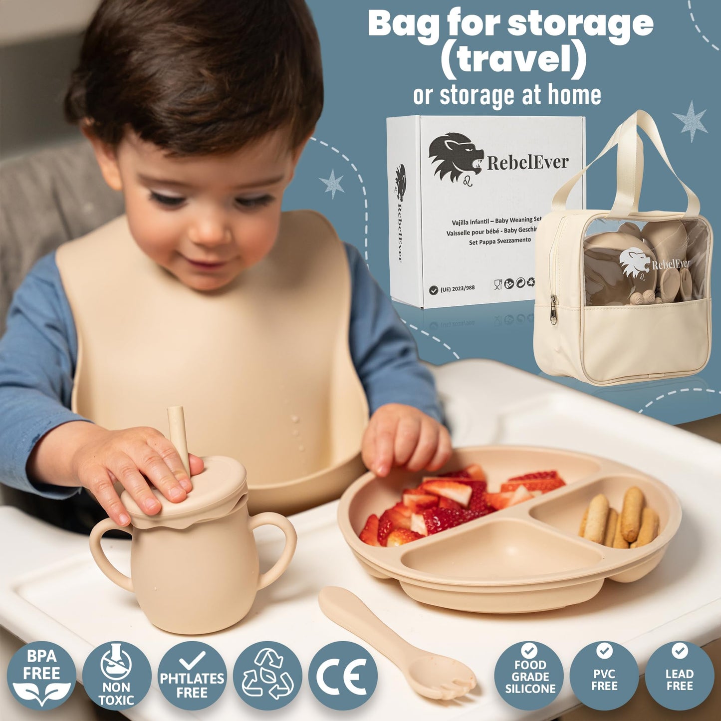 Baby Weaning Set - Silicone Baby Feeding Set with Bag for Travel or Storage at Home - Baby Fruit Feeder and Baby Bottle with Spoon Included
