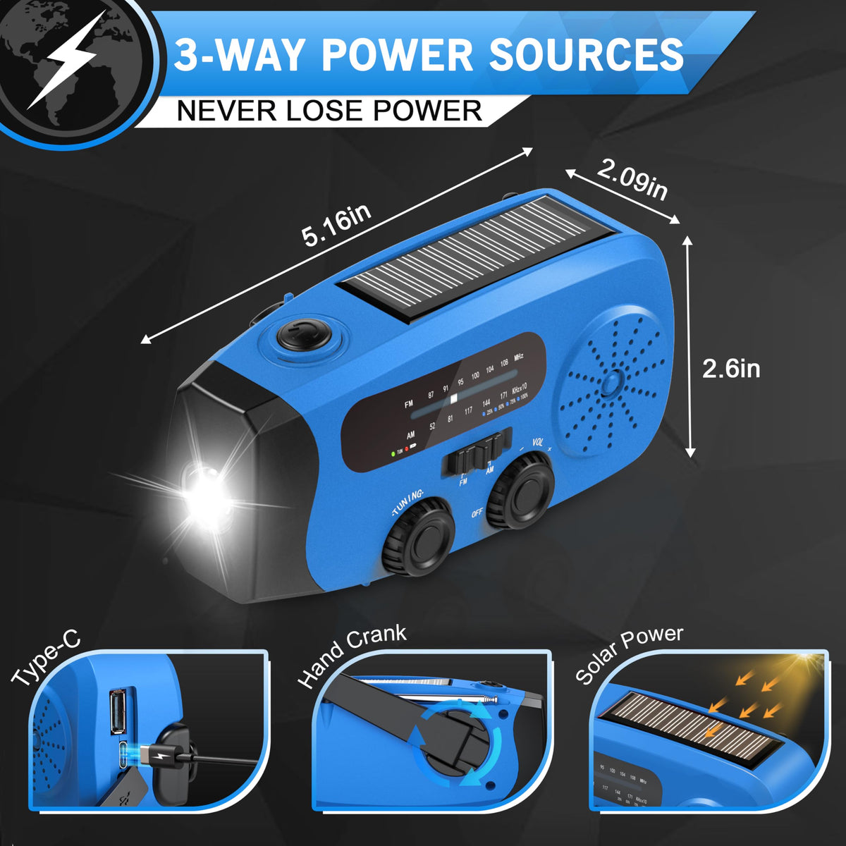 Wind Up Solar Radio, 7400mWh (2000mAh) Solar Powered Radio Emergency Hand Crank Radio with 3 Built-in Cables, Battery Operated, SOS Alarm & Flashlight, Emergency wind up torch for Hurricane, Emergency