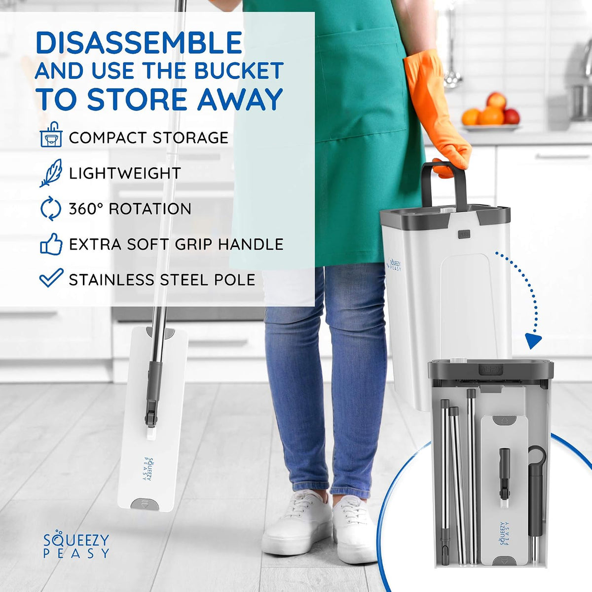 SqueezyPeasy Premium Flat Mop and Bucket Set, Separates Clean & Dirty Water