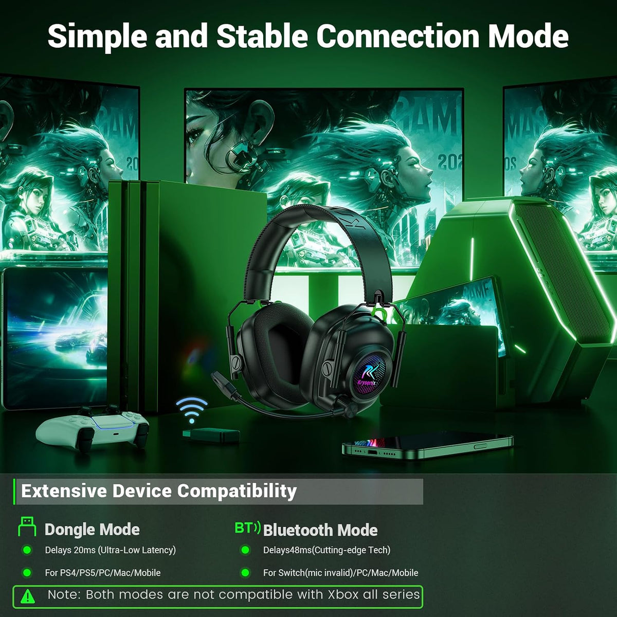 Krysenix Wireless Gaming Headset with Mic for PS5, PS4, PC, Switch, Mac