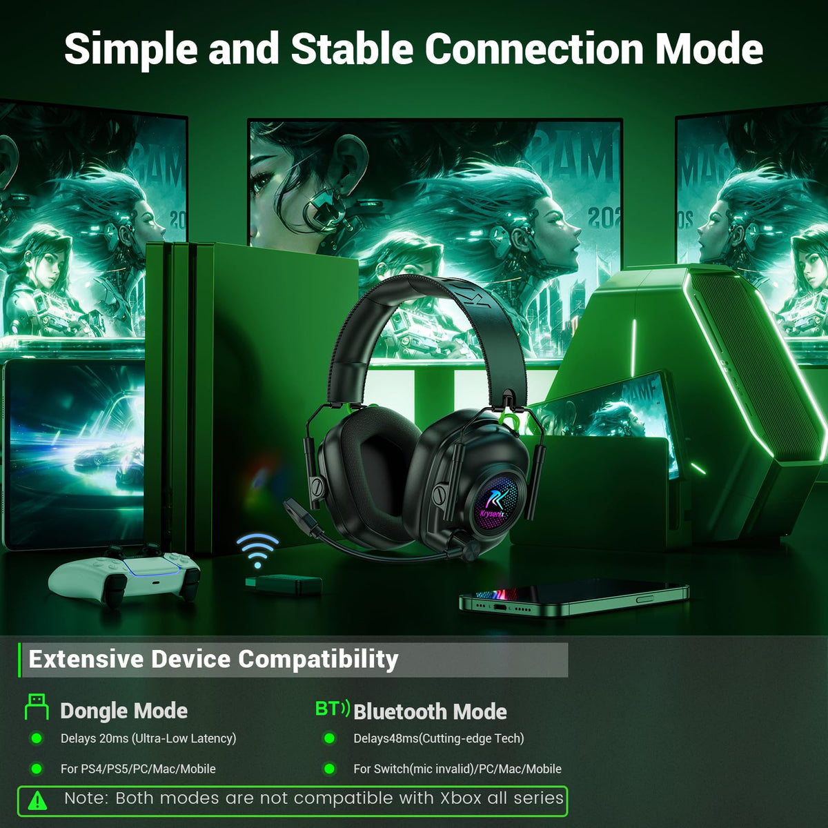 Krysenix Wireless Gaming Headset with Mic for PS5, PS4, PC, Switch, Mac