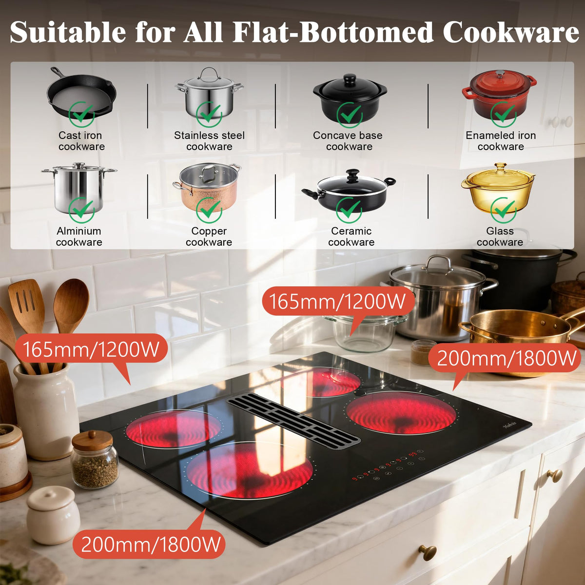 Hobsir Ceramic Hob with Knobs, Built-in Electric Cooker Hob 4 Burners 60 cm