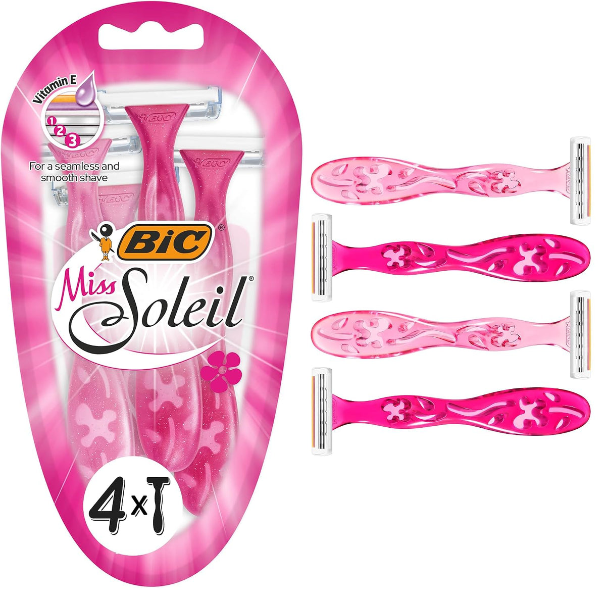 BIC Miss Soleil Disposable Razors for Women, 3 Blade, Pink Handle, Pack 4