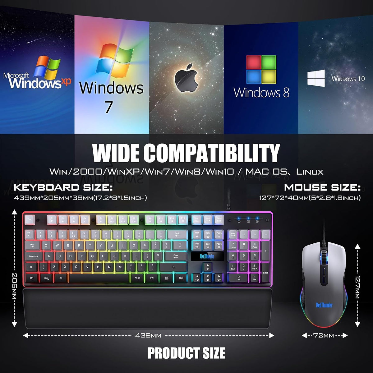 RedThunder K10 Wired Gaming Keyboard and Mouse Combo, UK Layout, True RGB Backlight, Soft Leather Wrist Rest, Ergonomic Anti-Ghosting Keyboard + 7D 7200 DPI Mouse for PC Mac (Gradient Gray)
