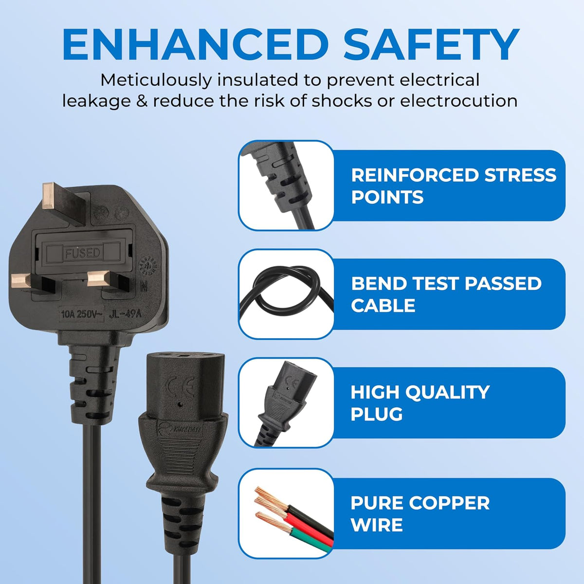 Double Dragon UK 3-Pin Plug to IEC C13 Power Cable – 1 Metre | 10A Fused BS1363 Plug | VDE Certified H05VV-F 3G 1.0mm² Copper Core | CE & BS Approved Black PVC Kettle Lead for PC, Monitor, Printer