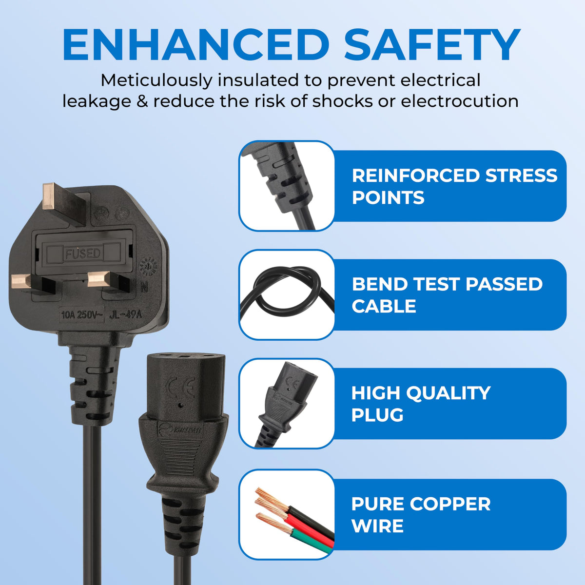Double Dragon UK 3-Pin Plug to IEC C13 Power Cable – 1 Metre | 10A Fused BS1363 Plug | VDE Certified H05VV-F 3G 1.0mm² Copper Core | CE & BS Approved Black PVC Kettle Lead for PC, Monitor, Printer
