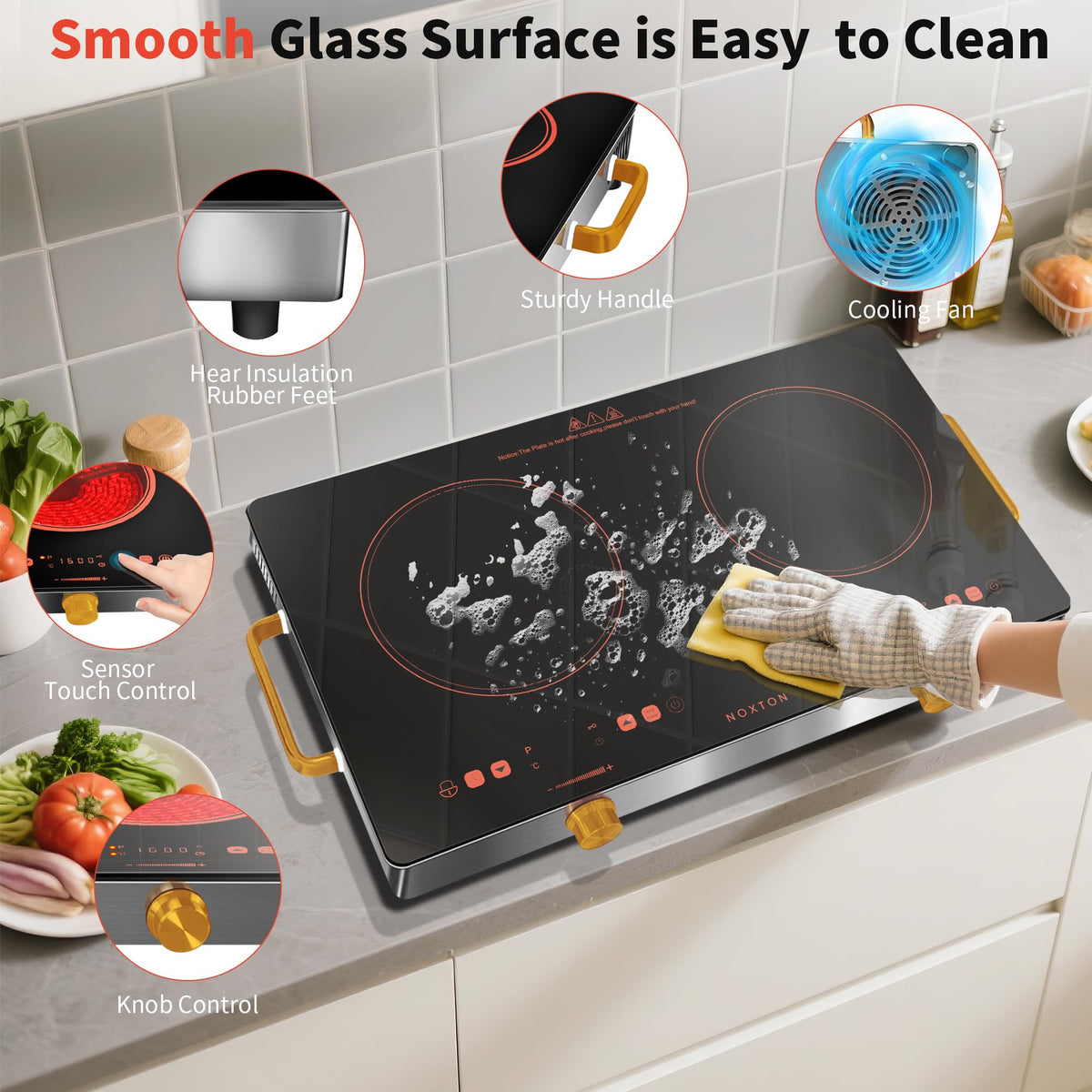 Noxton 2 Zone Ceramic Hob 30cm Electric Hob with Timer, Safe Lock, Pause Coutertop Use Hob with 13AMP Plug 2800W
