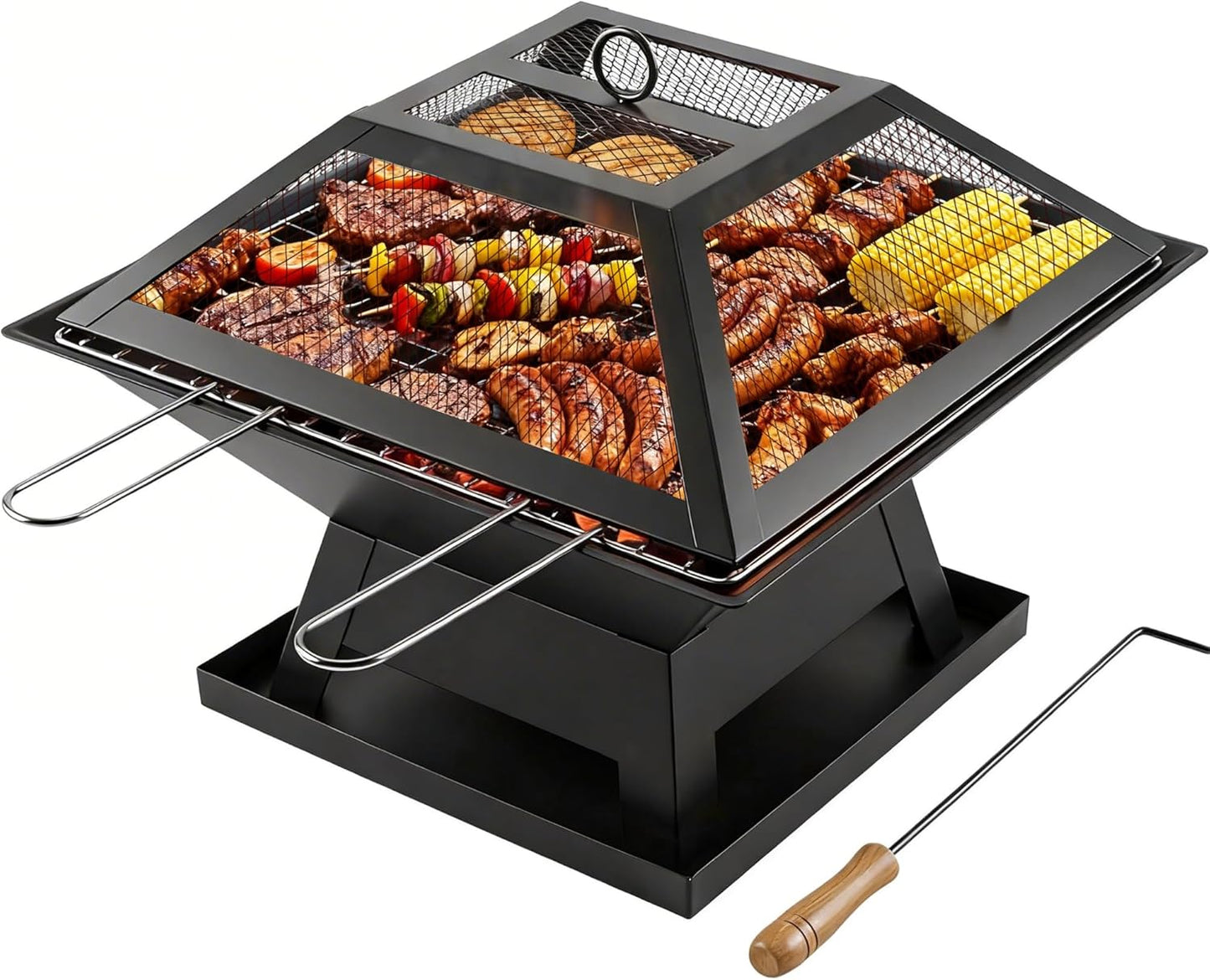 Square Fire Pit with BBQ Grill, Metal Fire Pit BBQ with Mesh Lid & Poker, Outdoor Garden Patio Heater Firepit, Sturdy and Durable Iron Construction - Great for Camping, Picnics or the Garden