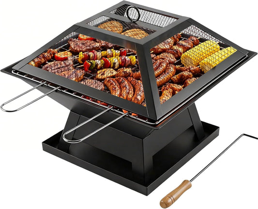 Square Fire Pit with BBQ Grill, Metal Fire Pit BBQ with Mesh Lid & Poker, Outdoor Garden Patio Heater Firepit, Sturdy and Durable Iron Construction - Great for Camping, Picnics or the Garden