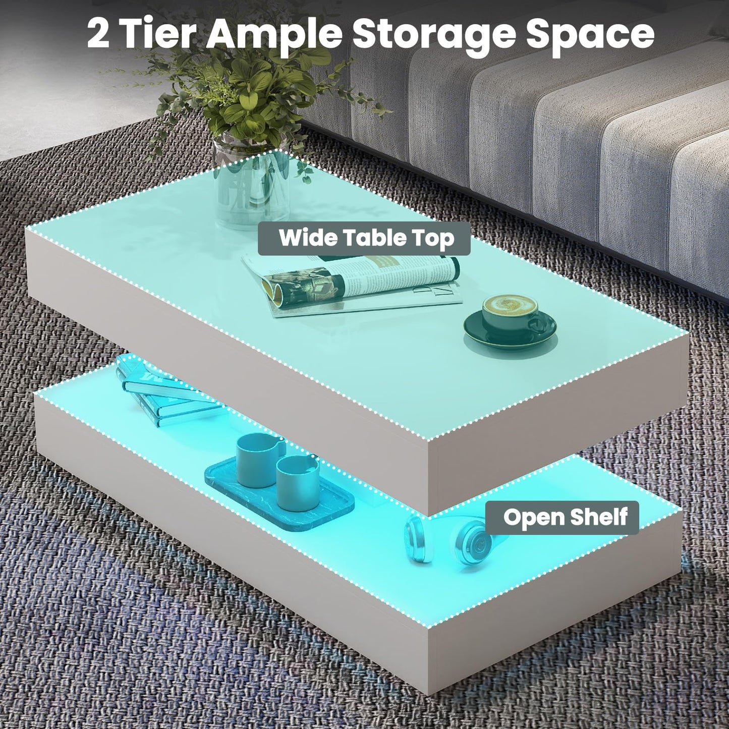 COSVALVE White Marble Coffee Table for Living Room with 24 Colors LED Light, 2 Tier High Gloss Modern Centre Table Rectangle Tea Table for Home, Office Furniture