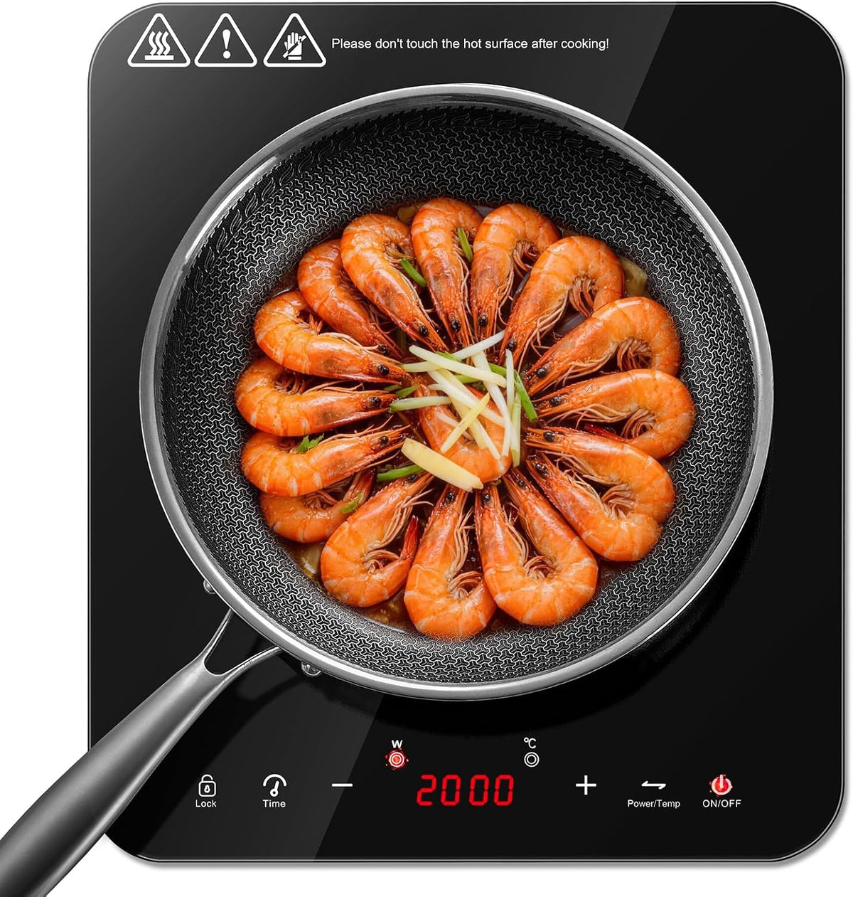 Single Induction Hob 2000W, Portable Induction Cooker with 10 Power & Temperature Levels, Touch Control, Child Lock, 3-Hour Timer, Residual Heat Indicator, Black Glass Panel Electric Hob