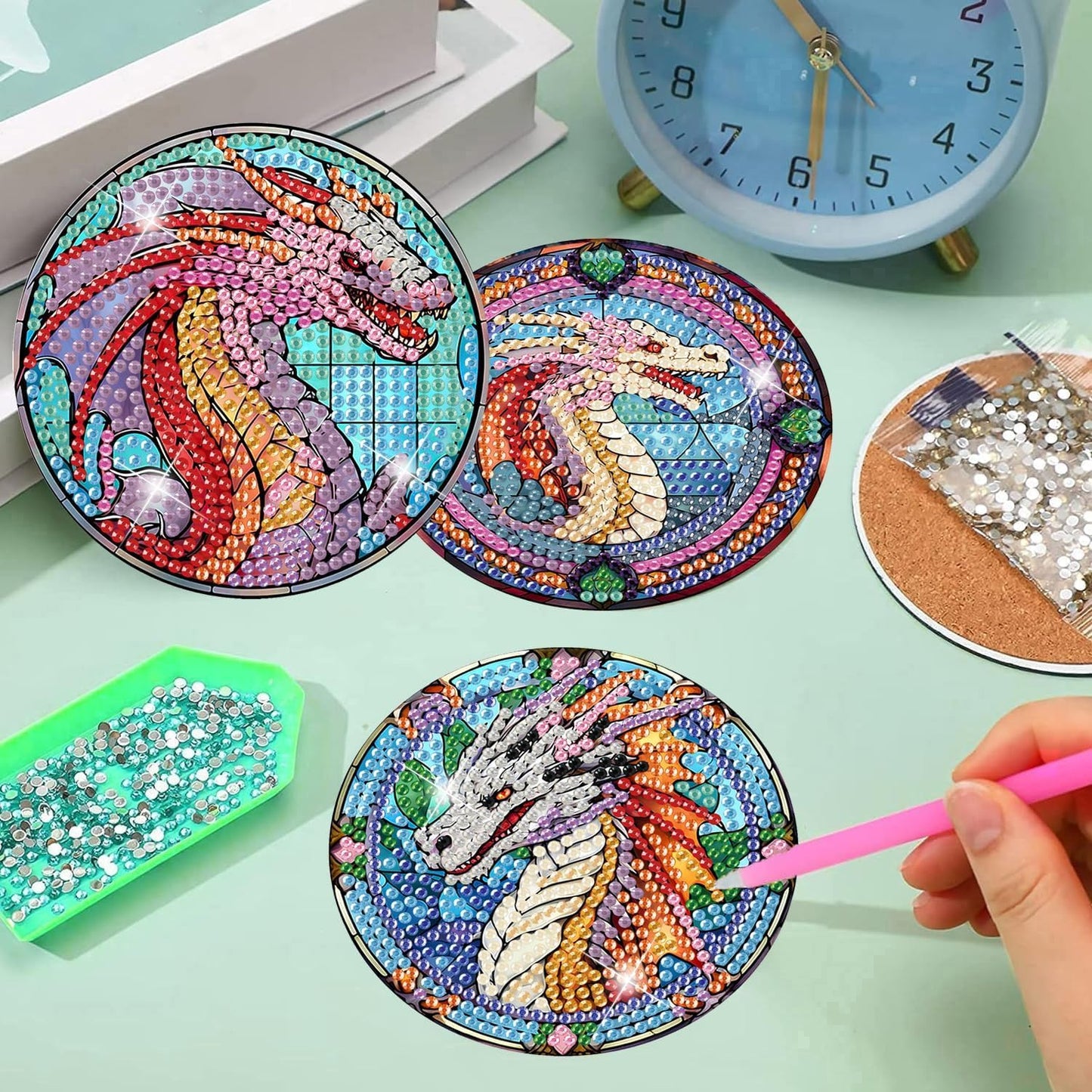 8Pcs Diamond Painting Coasters with Holder,DIY Cocktail Life Coaster Diamond Art Kits for Adults Kids,Beginners Round Full Drill Diamonds Art Craft Supplies
