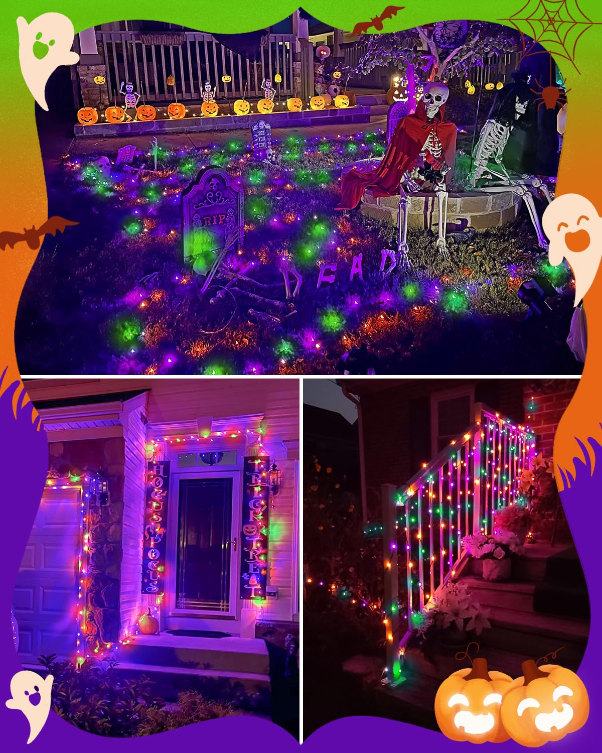 Dalugo Halloween Decoration Lights, 5M 50 LED Orange Purple White Fairy Lights with Timer, IP65 Waterproof Battery Powered Lights for Indoor Outdoor Autumn Halloween Decorations(Green Wire)