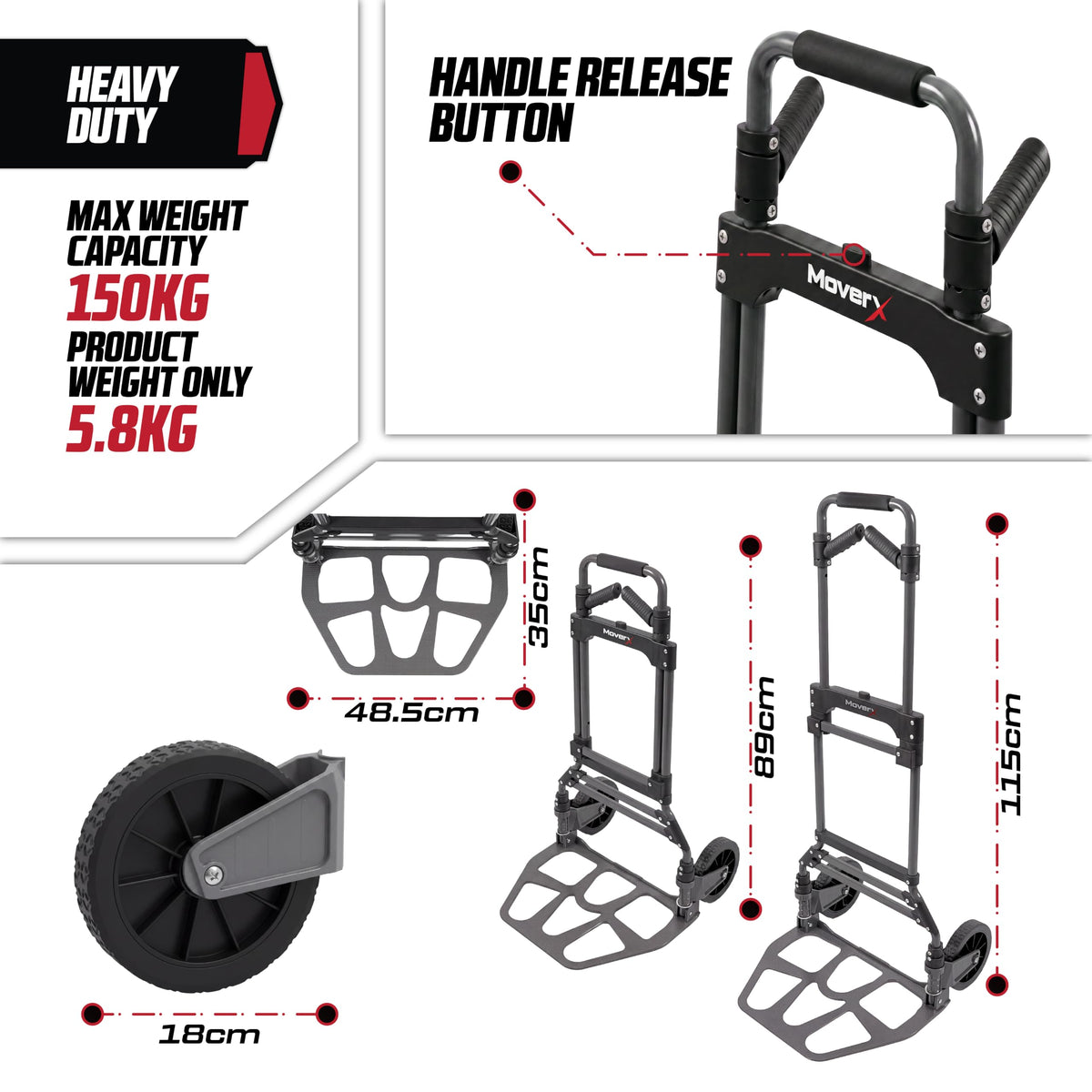 MoverX Folding Hand Truck Aluminium, Heavy Duty Hand Truck Foldable Trolley on Wheels, Multi Purpose Sack Truck Moving Trolley, 80kg