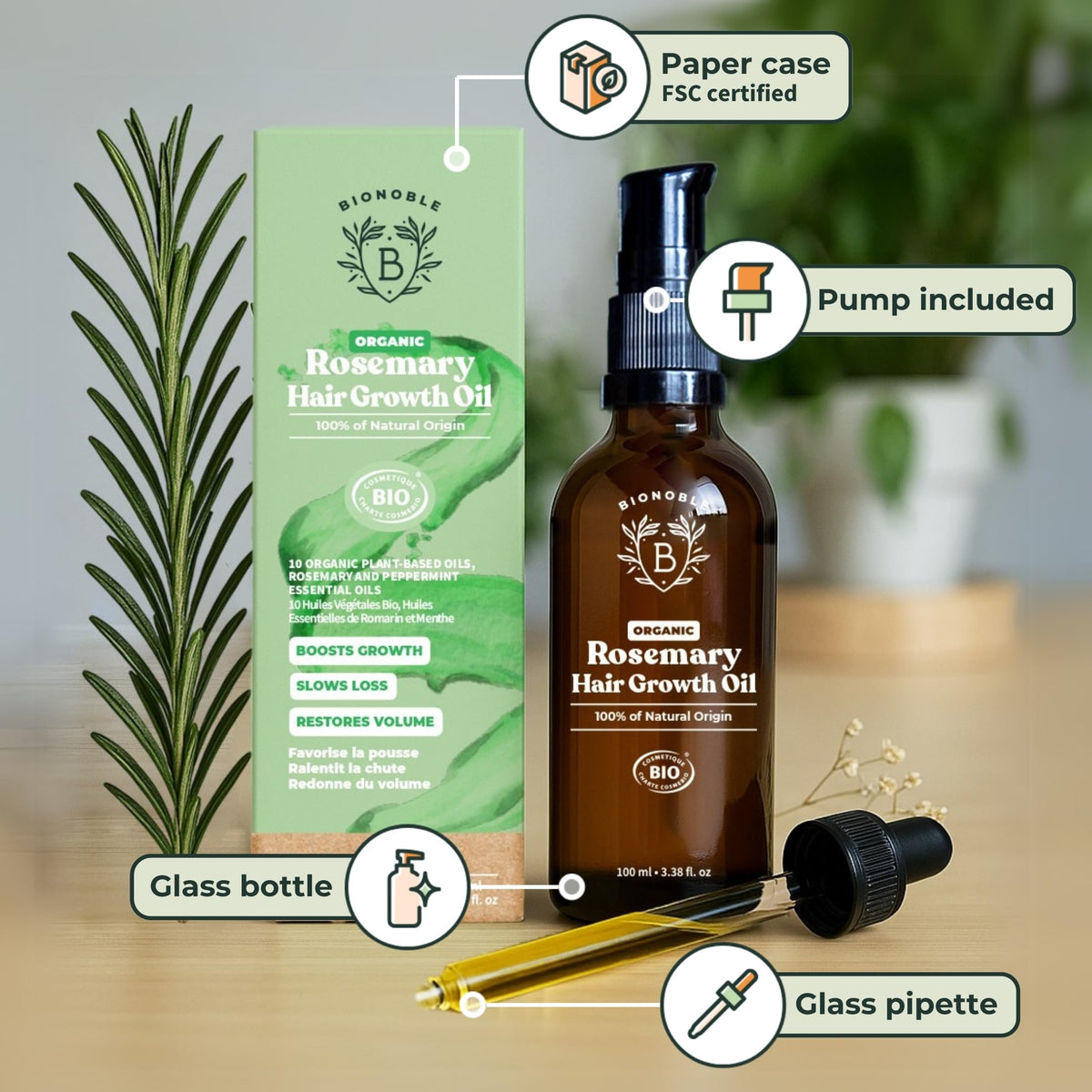 BIONOBLE Organic Rosemary Oil for Hair Growth - Hair Loss, Volume - 50ml