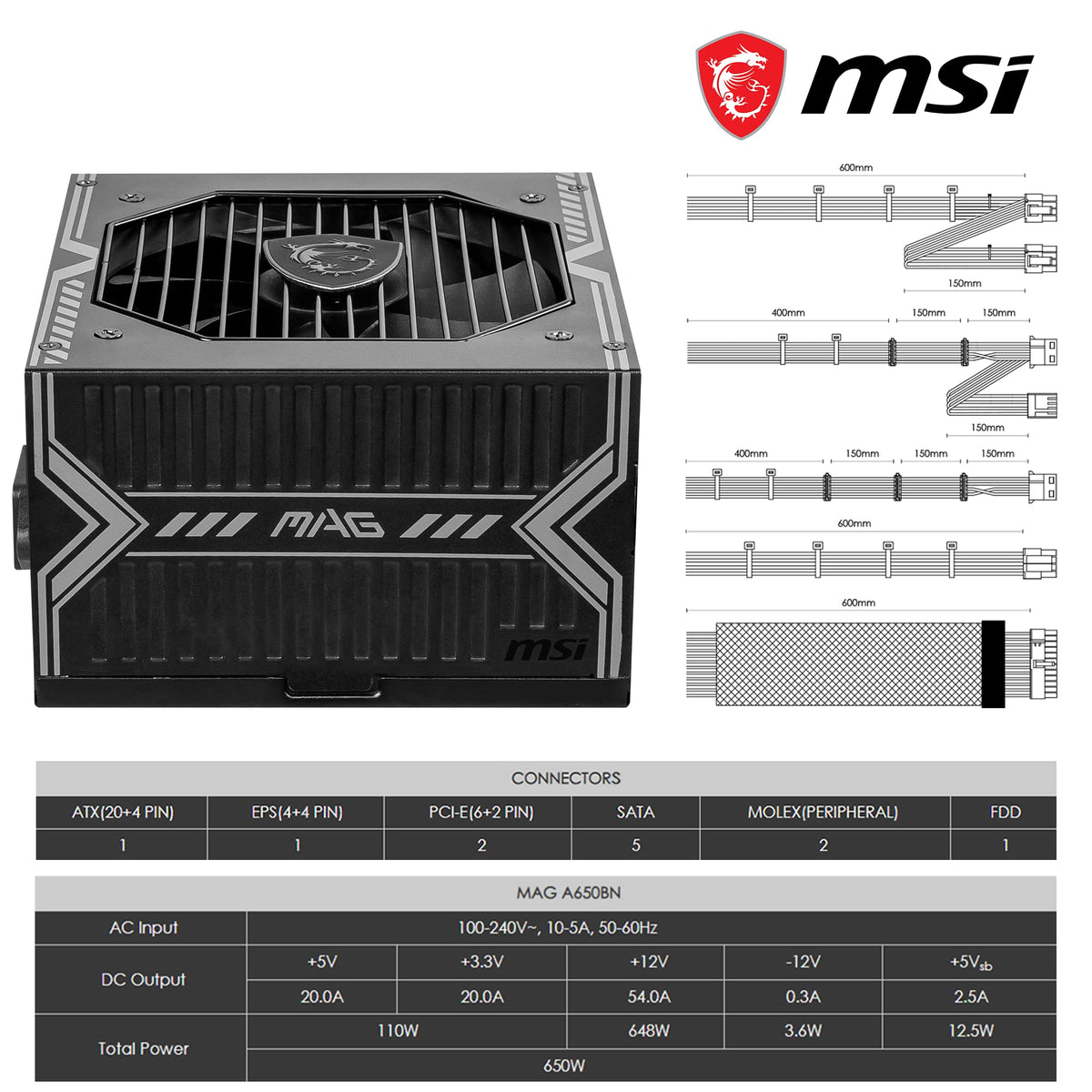 MSI MAG A750GL PCIE5 Power Supply Unit, 750W, 80 Plus Gold, Fully Modular, ATX 3.0, PCIe 5.0 GPU Support, 120mm FDB Fan, Full-Bridge LLC, Flat Black Cables - 7 Year Warranty