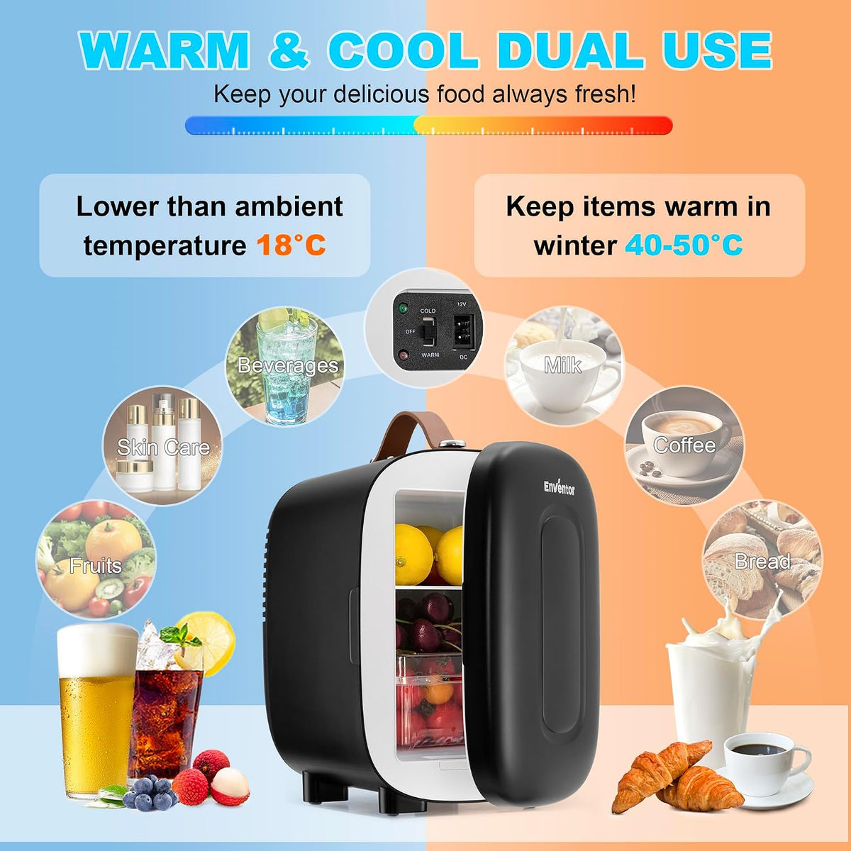 Enventor Mini Fridge 4 Litre/ 6 Can, Portable Cooler and Warmer, AC+12V DC
