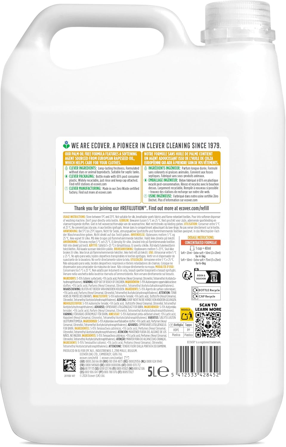 Ecover Fabric Softener Refill, Vanilla & Gardenia, 200 Washes, 5L