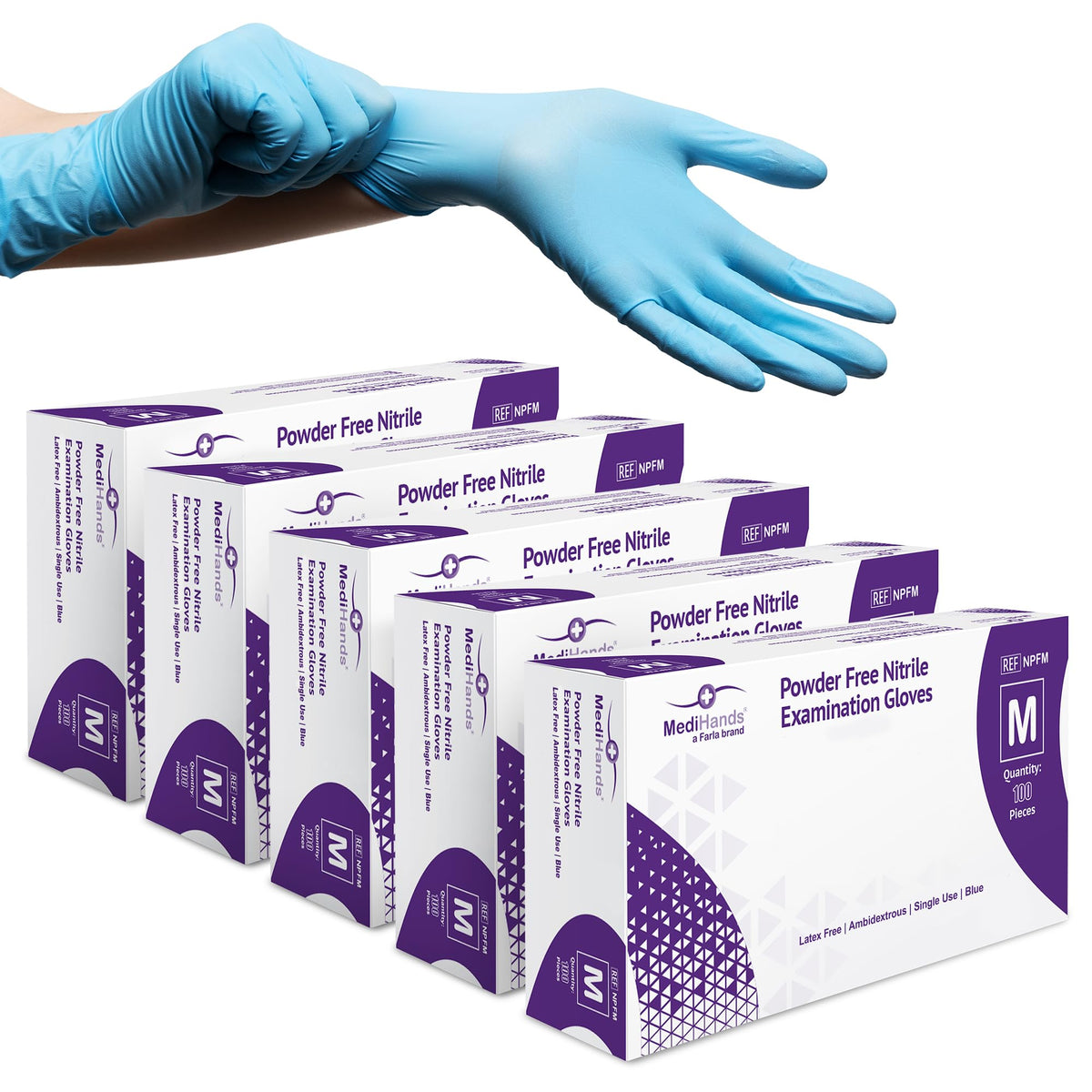 MediHands Nitrile Gloves Medium, Blue Heavy Duty Disposable Glove and Surgical Gloves, Powder Free and Latex Free, Medical, Food, Multi Use, Pack of 100