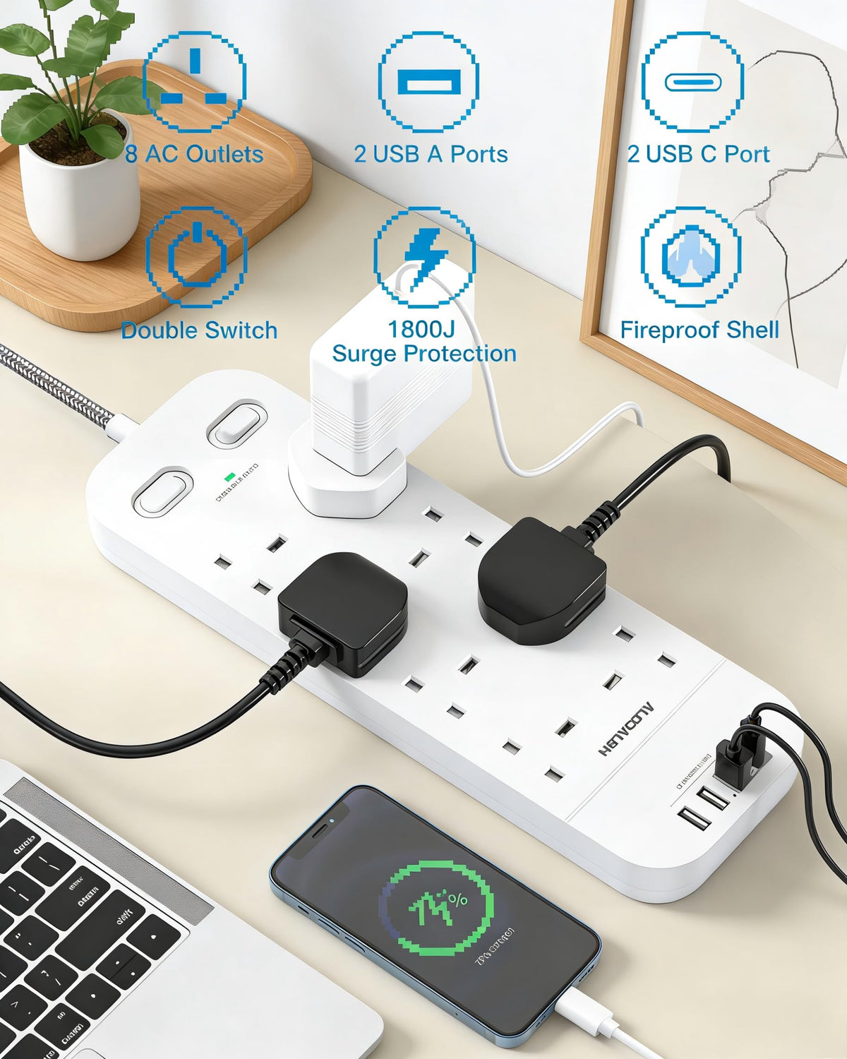 Extension Lead with 2 USB C Slots, 8 Way Power Strip Surge Protector
