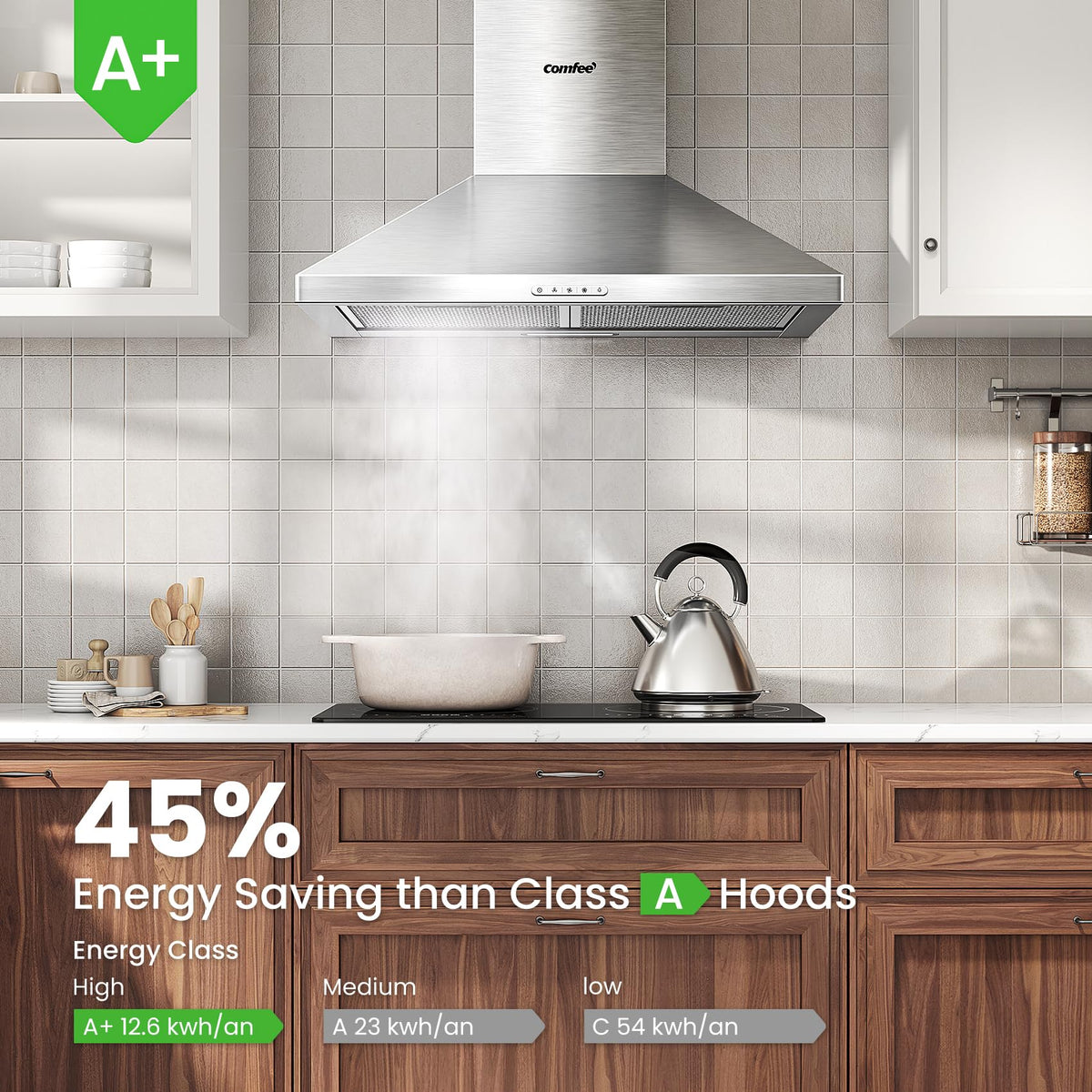 COMFEE' 90 cm Chimney Cooker Hood Class A++ Extractor Hood with LED and Recirculating & Ducting System Wall Mounted Range Hood 900 mm Extractor Fan kitchen with Carbon Filters