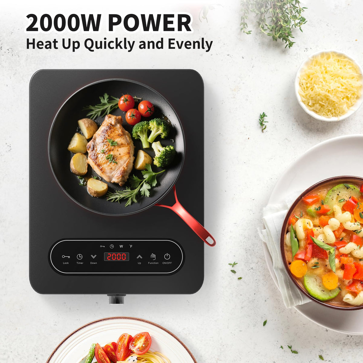 VBGK Double Induction Hob,220V 3600W 2 Ring Induction Hob with Knob Control,9 Power Levels, Kids Lock & Timer,LED Touch Control,Overheat Protection