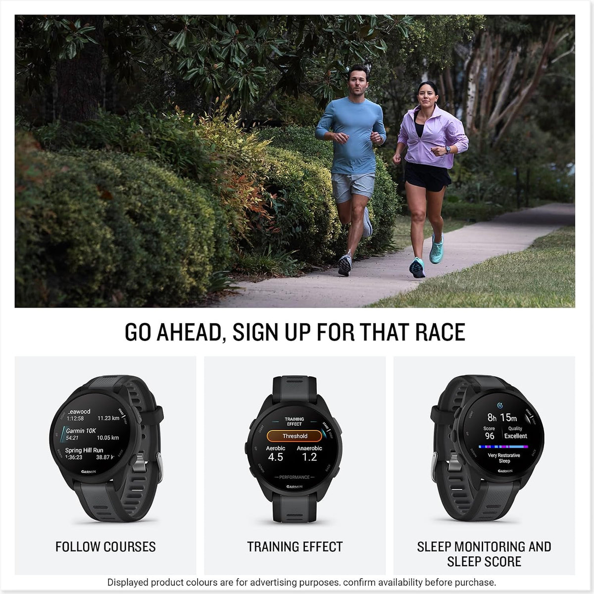 Garmin Forerunner 165, 43mm GPS running smartwatch, lightweight, AMOLED touchscreen, advanced training, insights & features, safety & tracking features, up to 11 days battery life, Black