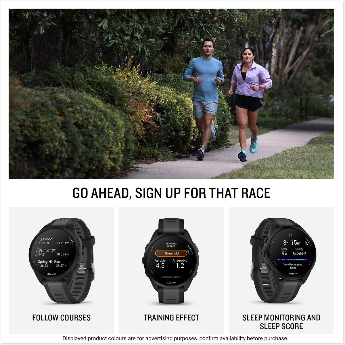 Garmin Forerunner 165, 43mm GPS running smartwatch, lightweight, AMOLED touchscreen, advanced training, insights & features, safety & tracking features, up to 11 days battery life, Black