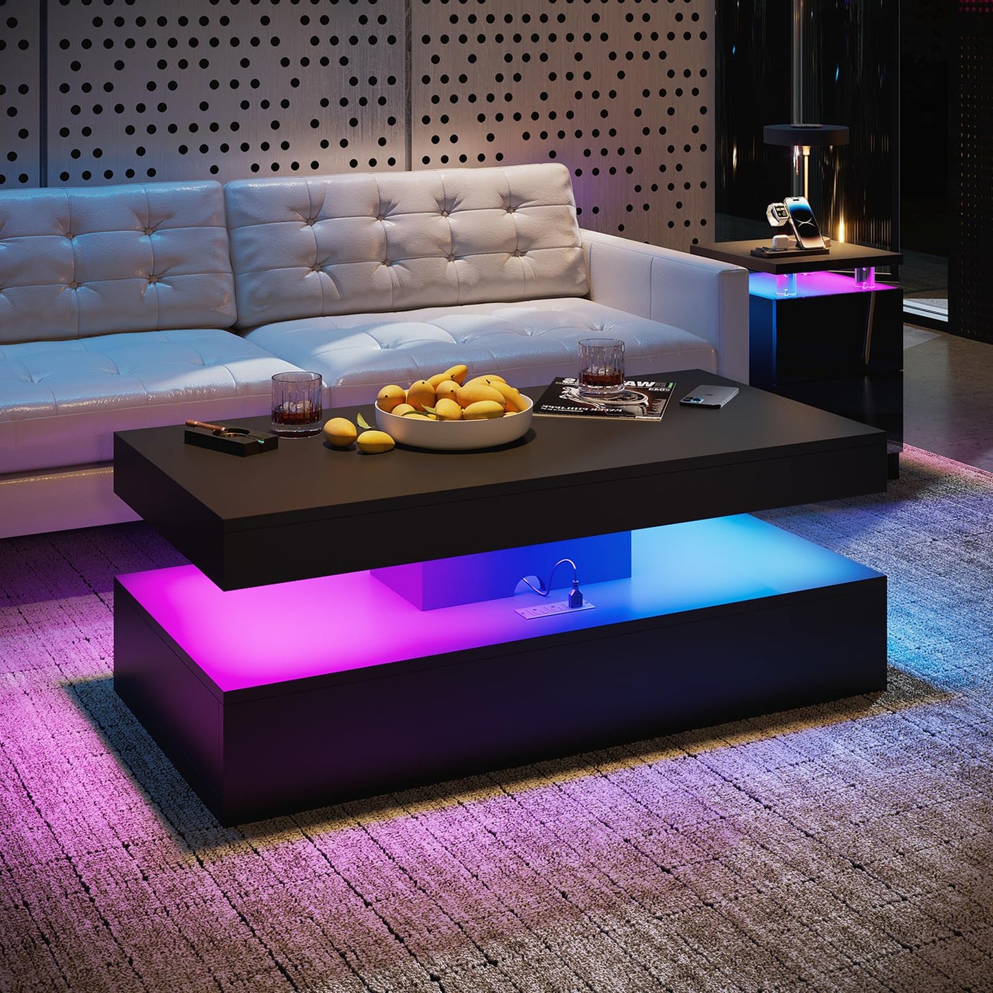Modern Coffee Table with LED Lights, 2 Drawer Storage, Wooden Coffee Table with Charging Station, USB Ports & Power Outlet, Rectangle Coffee End Table for Home, Office & Living Room - Black