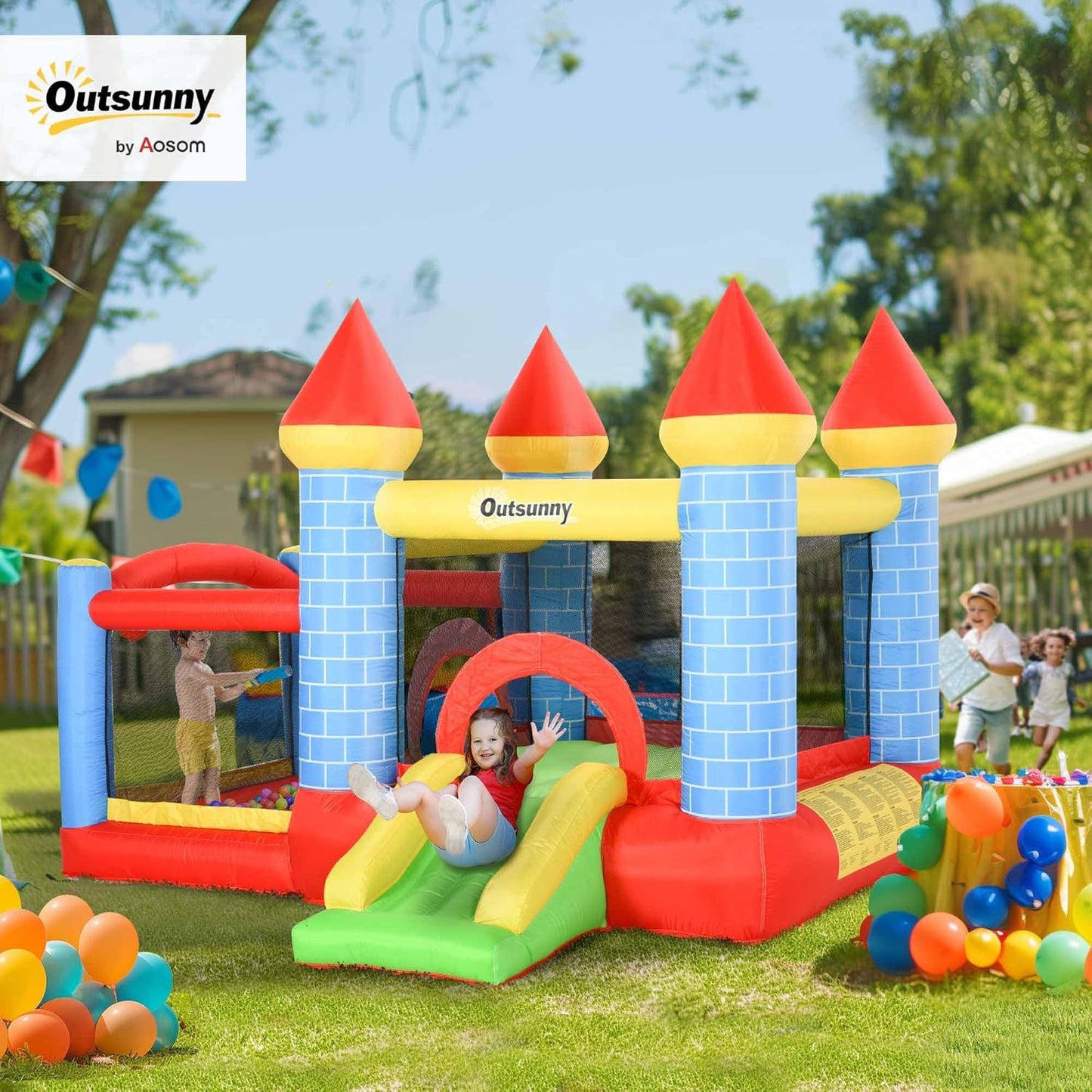 Outsunny 4-in-1 Kids Bouncy Castle with Slide, Pool, Trampoline & Basketball Hoop — Ages 3-8