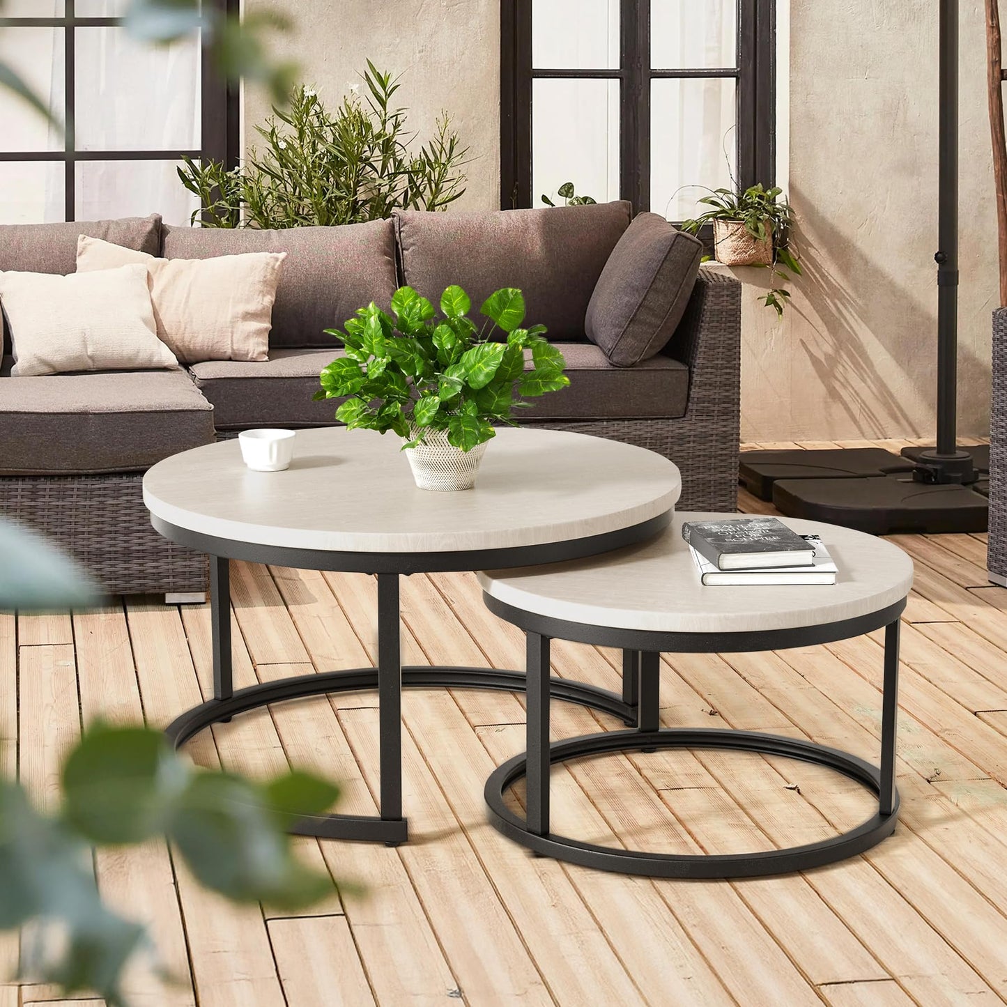 Hawthyhome Coffee Tables, Round Nesting Tables Tet of 2, Modern Side Tables with Metal Frame, Industrial Stacking End Tables for Living Room Bedroom Office, 60 * 60 * 45cm, Brown