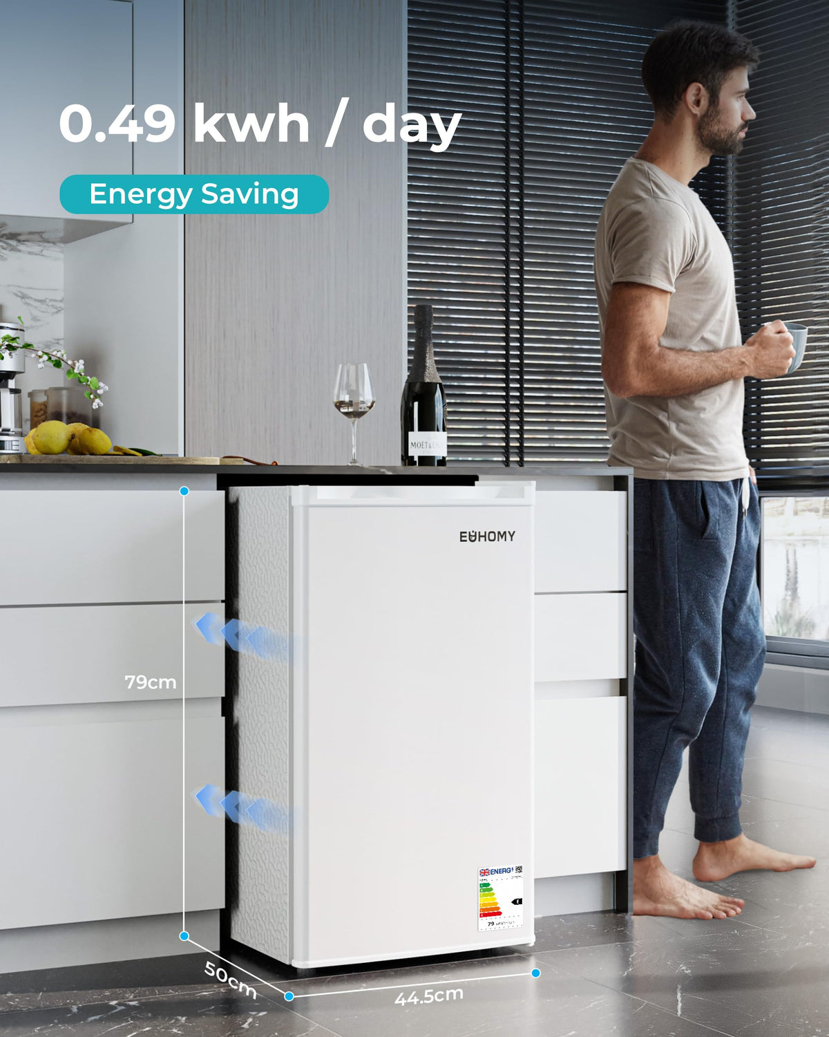 93L Under Counter Fridge, 38dB Ultra-Quiet Undercounter Mini Fridge, Black