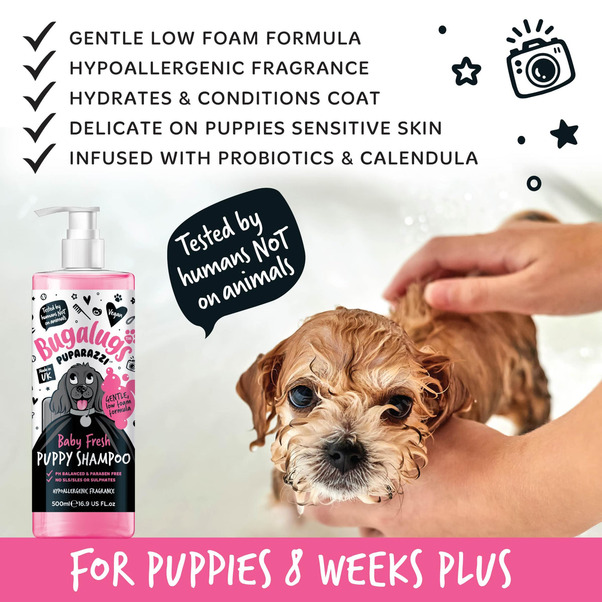 BUGALUGS Baby Fresh Dog Shampoo grooming products for smelly dogs with baby powder scent, best puppy shampoo, Vegan pet shampoo professional (625ml)