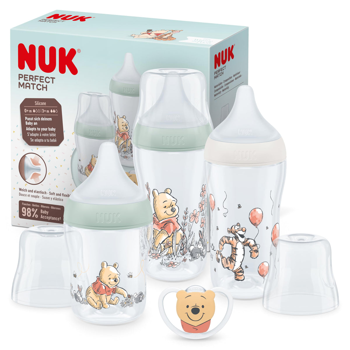NUK Perfect Match Newborn Baby Bottle Set | 0+ Months | 150ml | Anti Colic Feeding Bottle | PP | Temperature Control Indicator | Rainbow | 4 Count