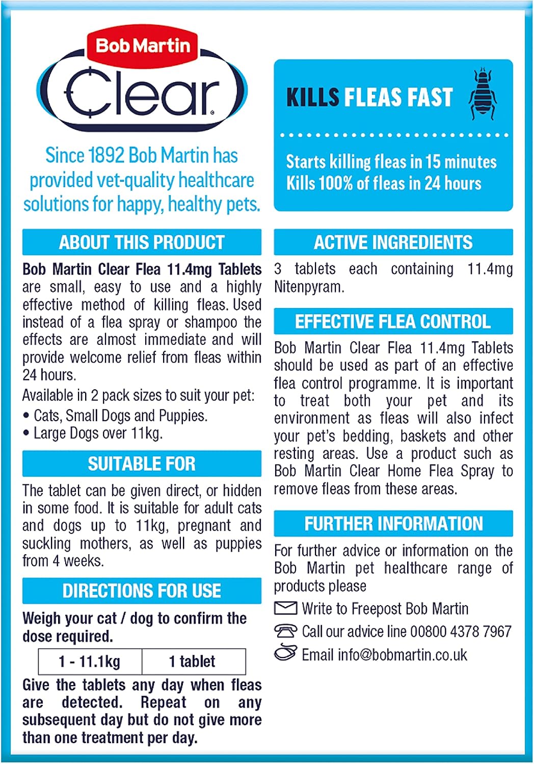 Bob Martin Clear Flea Tablets for Cats and Small Dog Under 11 Kg, 3 Tablets