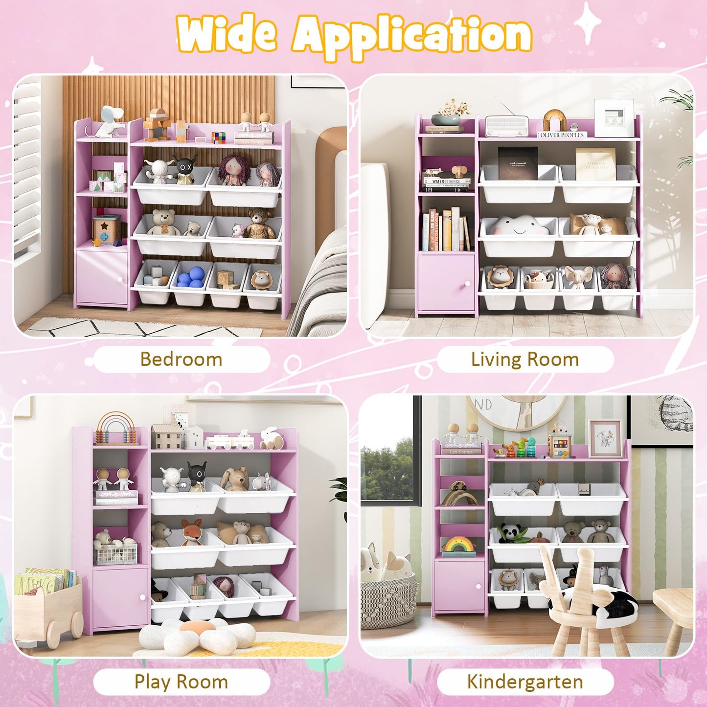 GYMAX Toy Storage Organizer, 4 Tiers Kids Bookshelf and Toy Storage Unit with 8 Bins, Open Shelves and Enclosed Cabinet, Children Bookcase for Playroom Bedroom Nursery (Pink)
